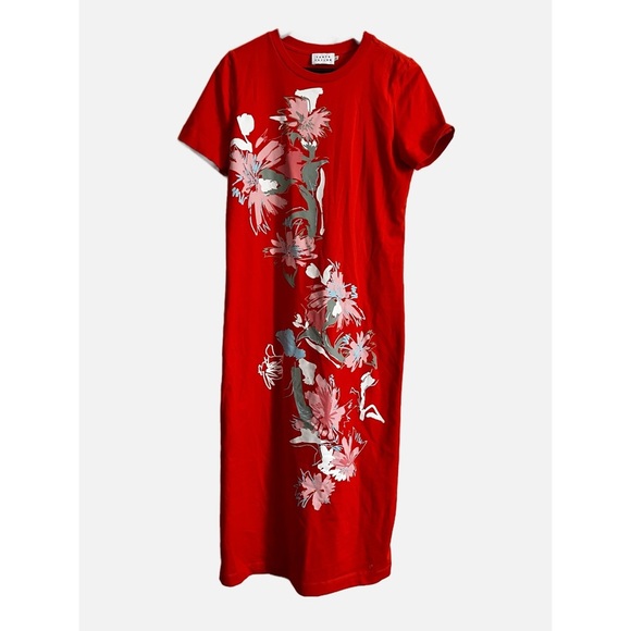 Tanya Taylor Mallorie Short Sleeve Floral Midi Dress Tiger Lily Orange Large - Picture 2 of 9